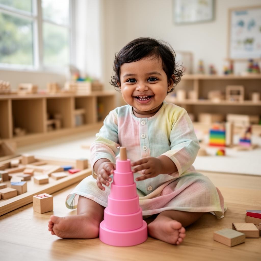 A young child happily playing with wooden Montessori blocks